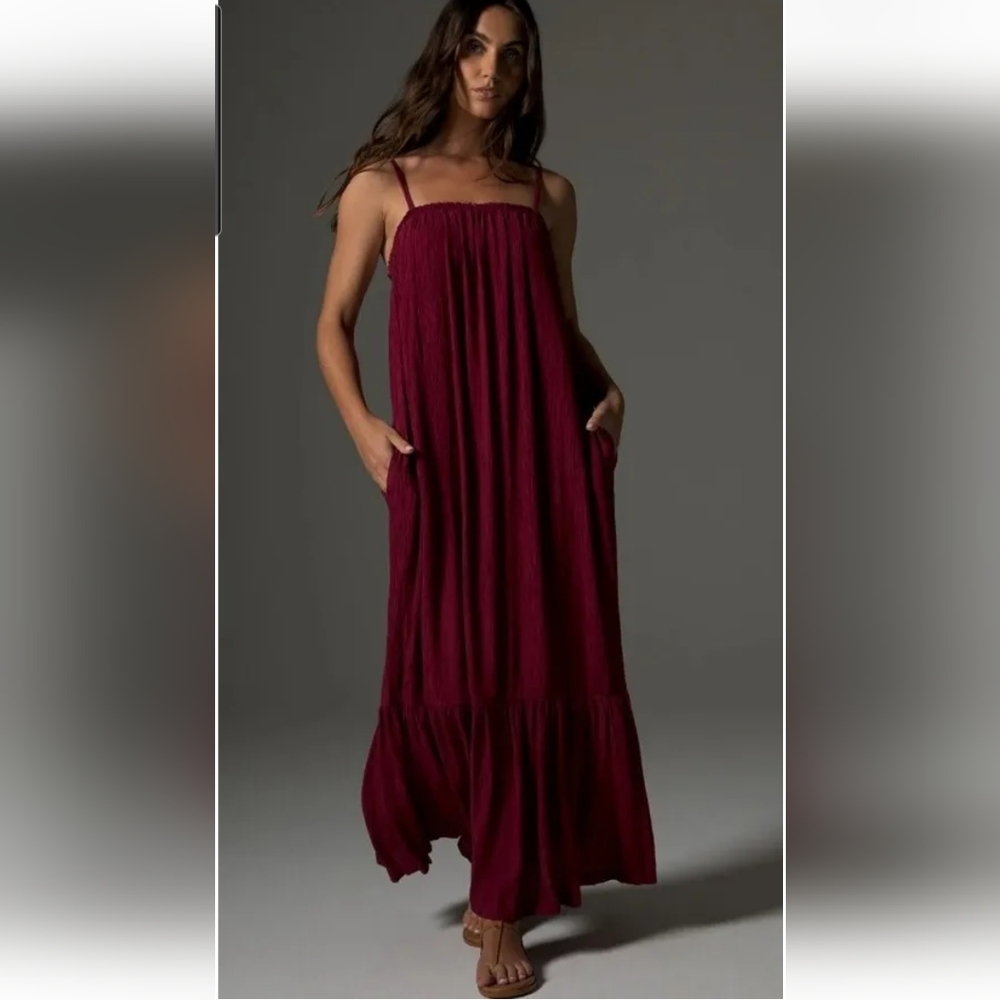 Soma Women's Burgundy Crinkle Woven Built in Bra Spaghetti Straps Maxi Dress!S